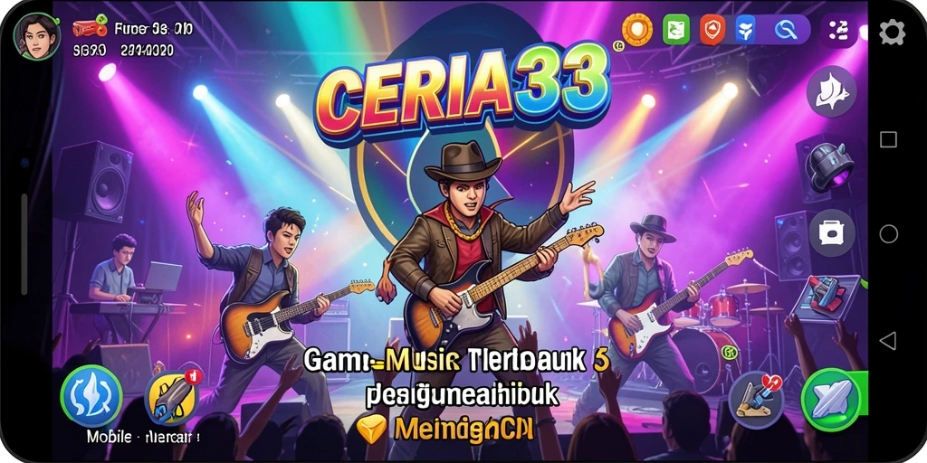Tampilan utama CERIA33 menampilkan gameplay interaktif yang penuh warna dan musik.