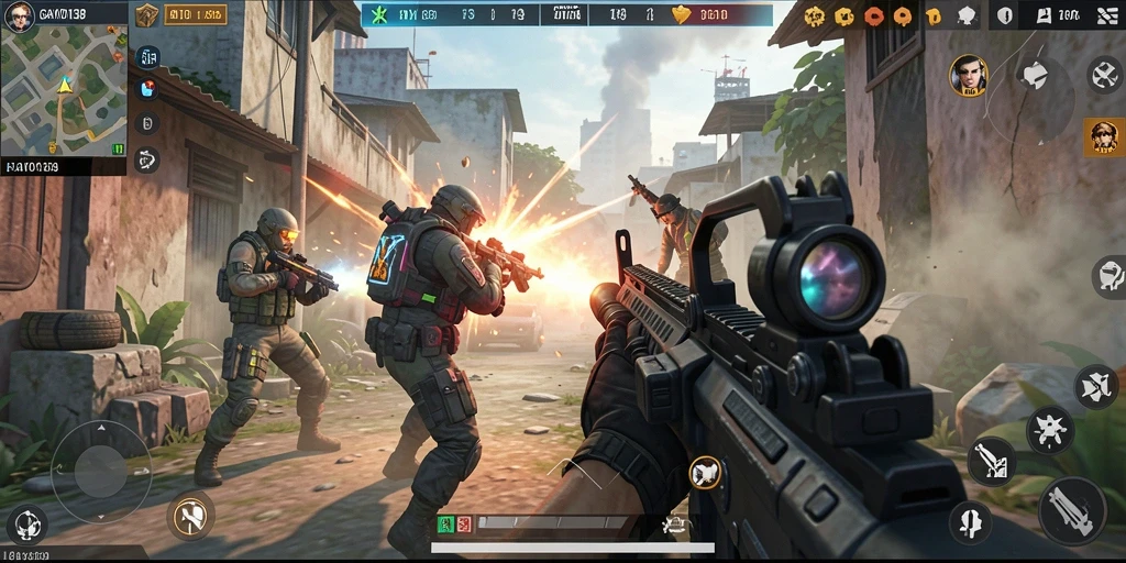 Screenshot GAYO138 menampilkan pertempuran FPS yang intens.