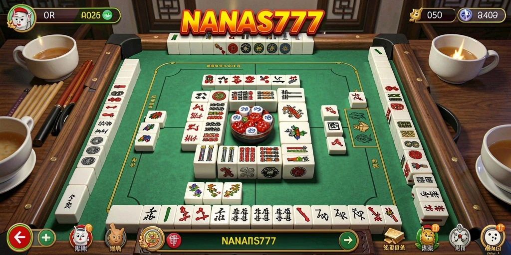 Tampilan gameplay NANAS777 dengan ubin Mahjong yang berwarna-warni.