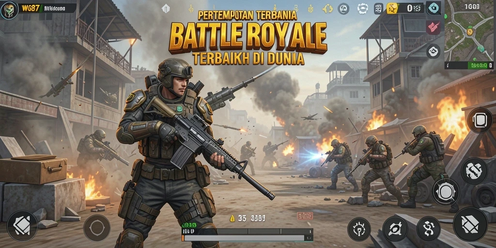 Tangkapan layar utama WG87 menampilkan pertempuran intens dan strategi dalam gameplay Battle Royale.